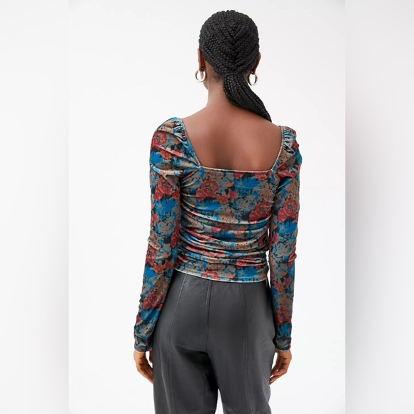 UO Georgia Velour Lace-Up Top - Floral Ruched Long Sleeve Velvet - Picture 3 of 8